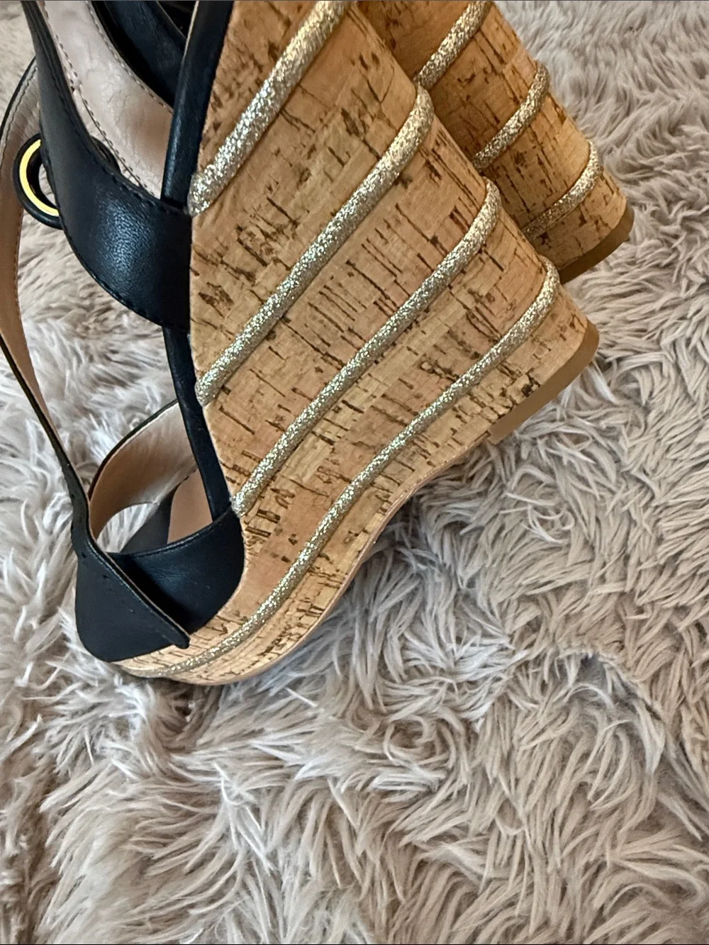 Kurt Geiger Black Leather Cork Wedge Sandals